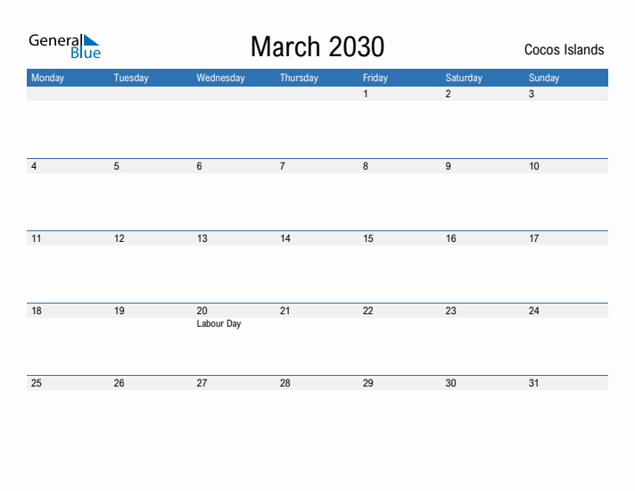 Fillable March 2030 Calendar