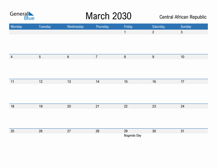 Fillable March 2030 Calendar