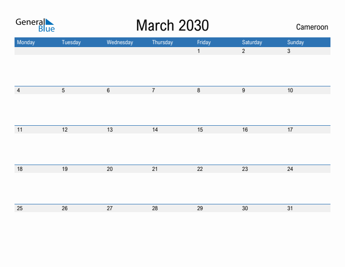 Fillable March 2030 Calendar