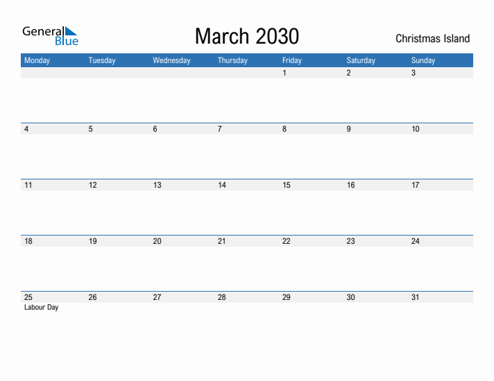 Fillable March 2030 Calendar