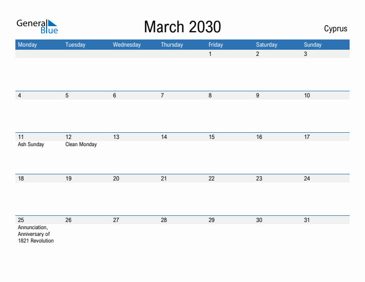 Fillable March 2030 Calendar