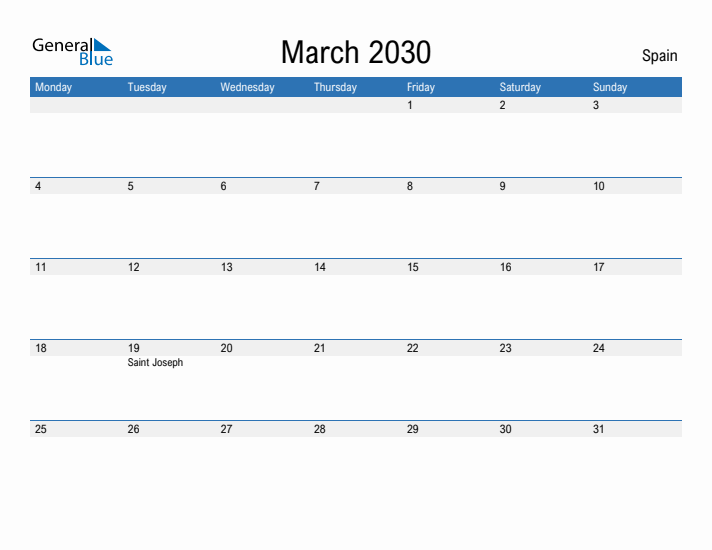 Fillable March 2030 Calendar