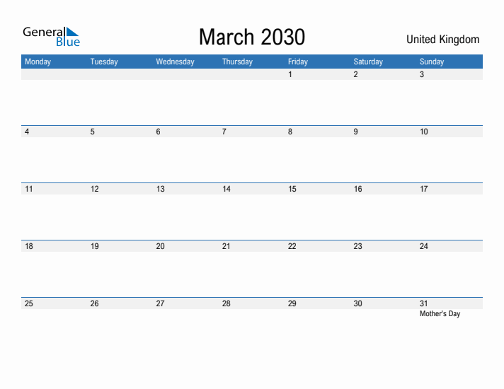 Fillable March 2030 Calendar