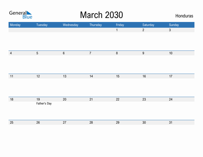 Fillable March 2030 Calendar