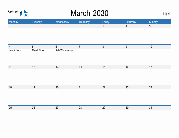 Fillable March 2030 Calendar