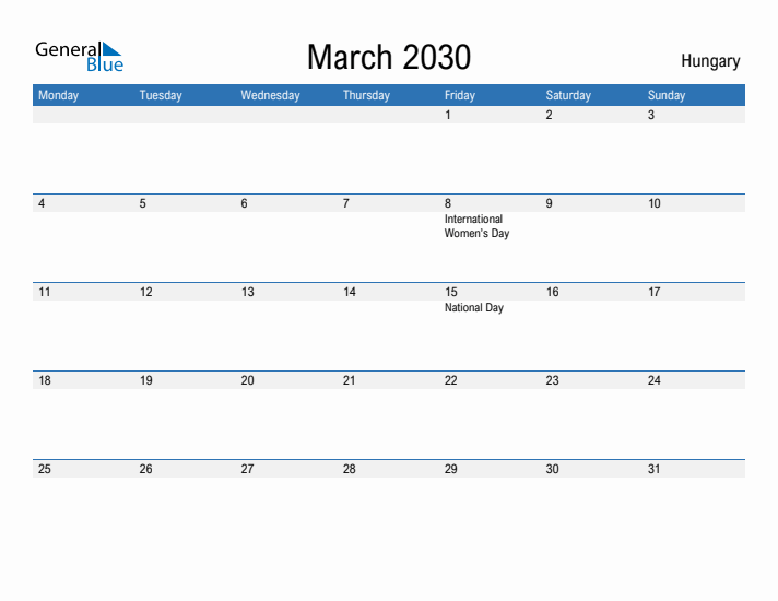 Fillable March 2030 Calendar