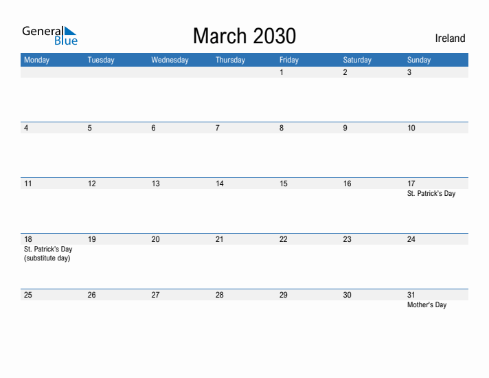 Fillable March 2030 Calendar