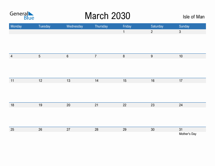 Fillable March 2030 Calendar