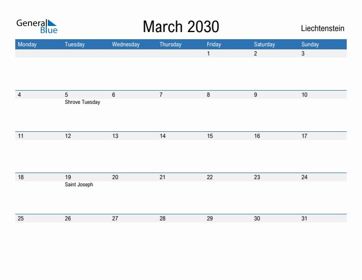 Fillable March 2030 Calendar