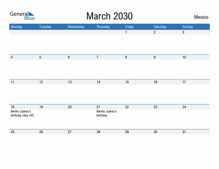 Fillable March 2030 Calendar