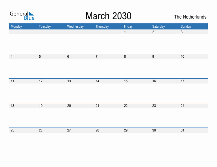 Fillable March 2030 Calendar