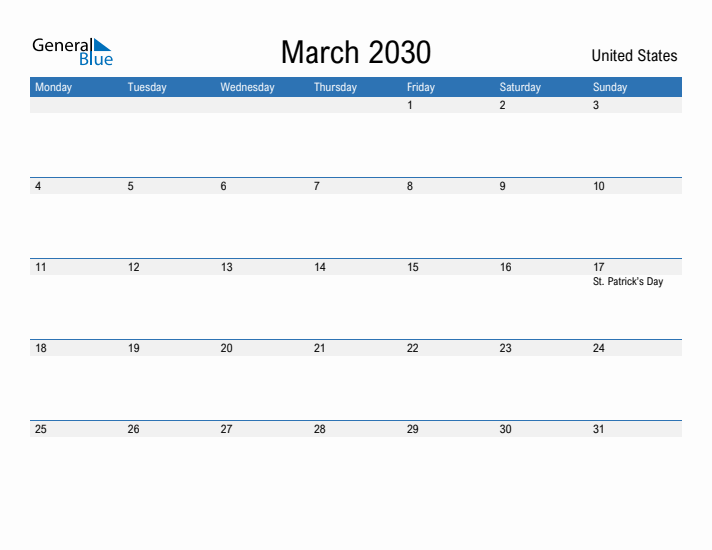 Fillable March 2030 Calendar