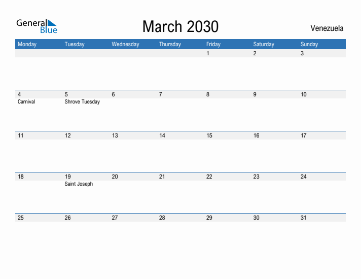 Fillable March 2030 Calendar