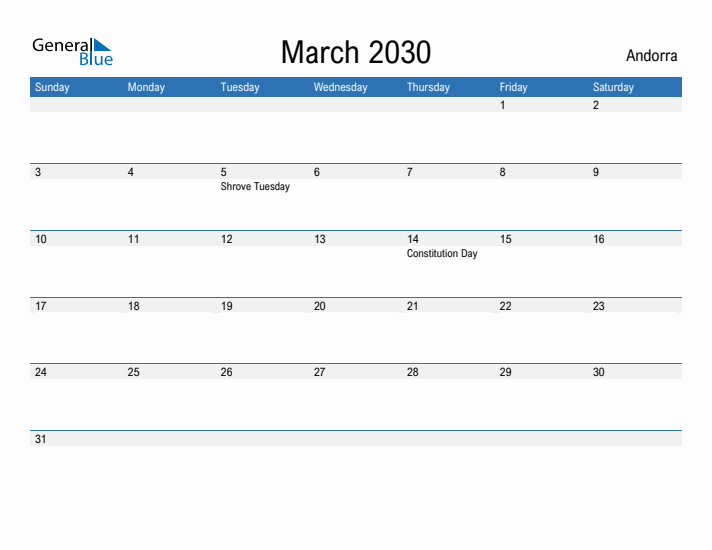 Fillable March 2030 Calendar