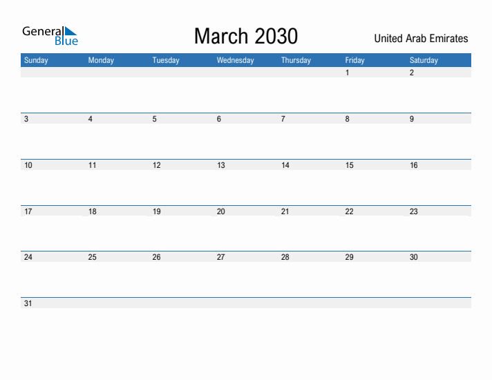 Fillable March 2030 Calendar