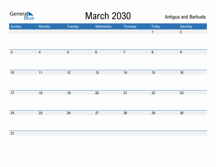 Fillable March 2030 Calendar