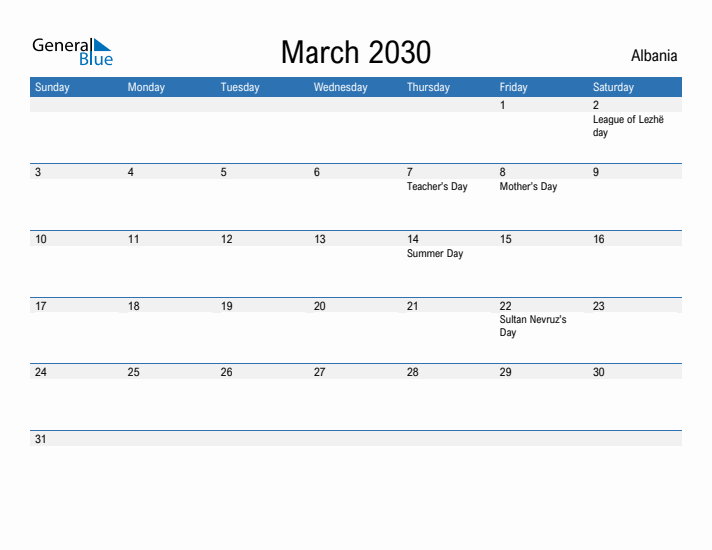 Fillable March 2030 Calendar