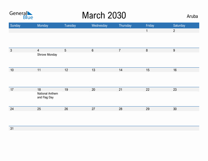 Fillable March 2030 Calendar