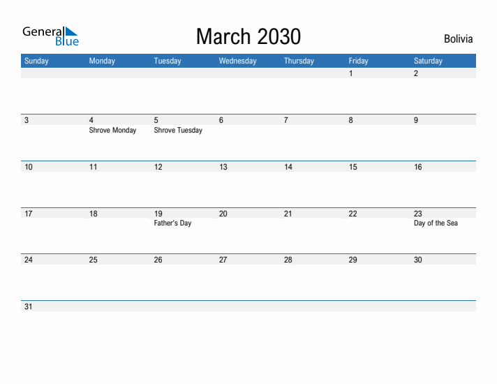 Fillable March 2030 Calendar