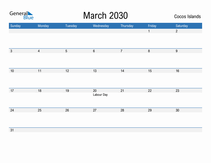 Fillable March 2030 Calendar