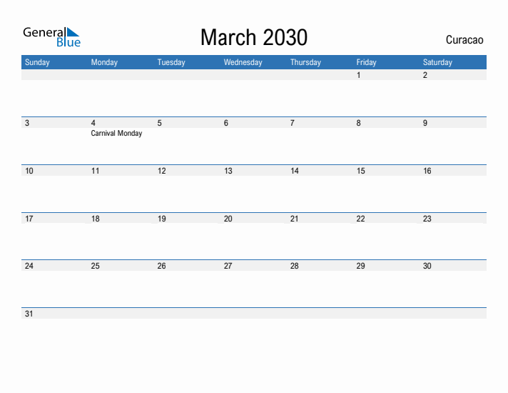 Fillable March 2030 Calendar