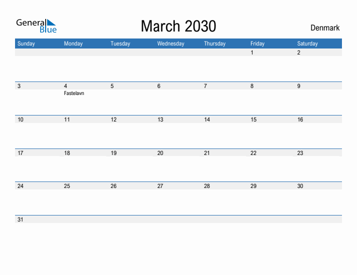 Fillable March 2030 Calendar