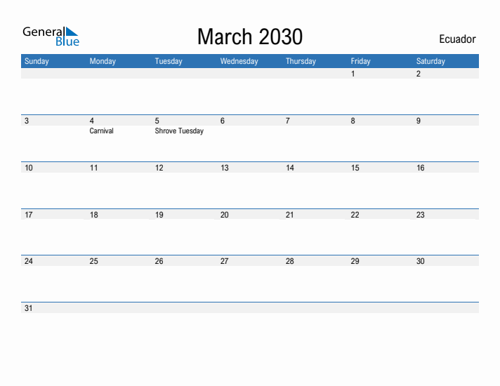 Fillable March 2030 Calendar