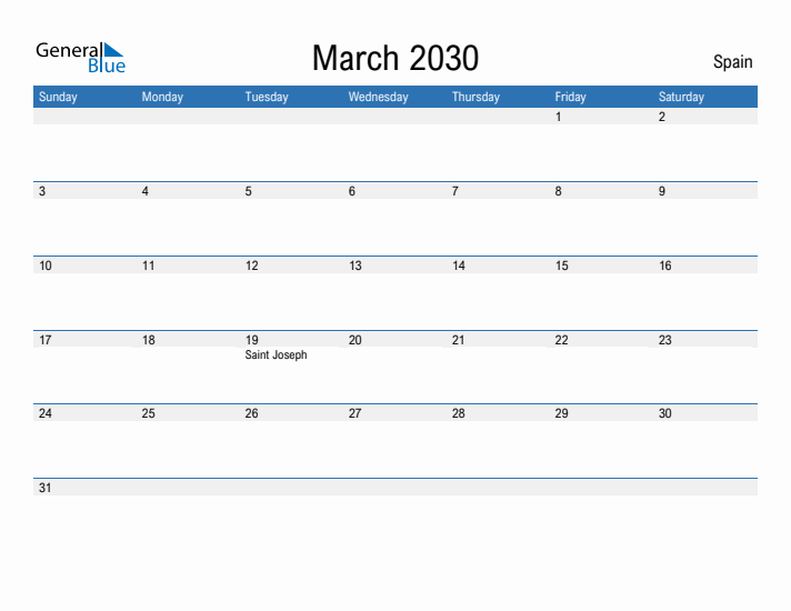 Fillable March 2030 Calendar