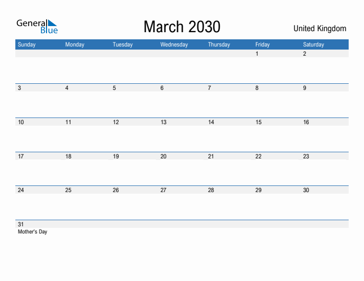 Fillable March 2030 Calendar