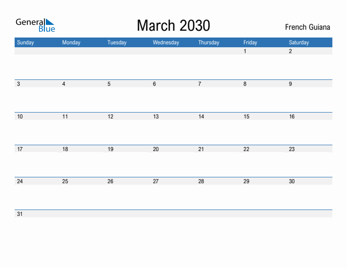 Fillable March 2030 Calendar