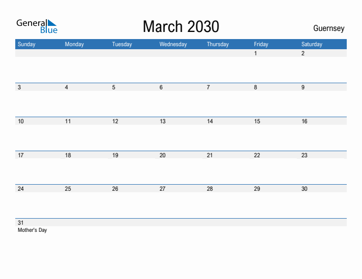 Fillable March 2030 Calendar