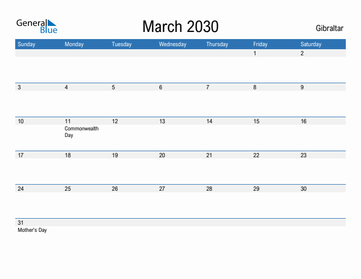 Fillable March 2030 Calendar