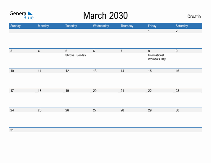 Fillable March 2030 Calendar