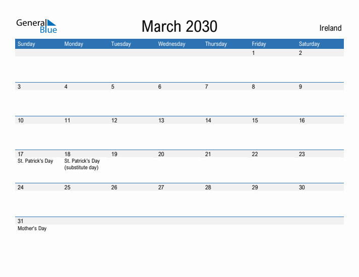 Fillable March 2030 Calendar