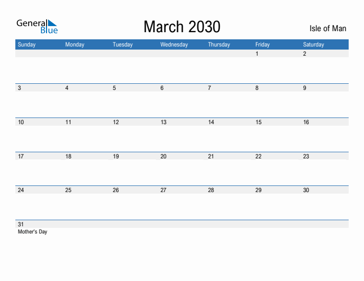 Fillable March 2030 Calendar