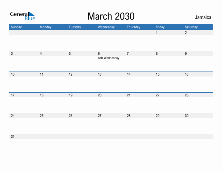 Fillable March 2030 Calendar