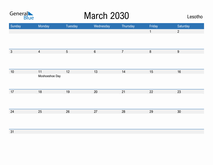 Fillable March 2030 Calendar