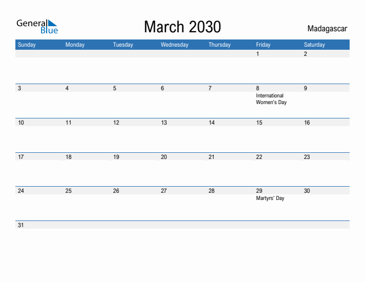 Fillable March 2030 Calendar