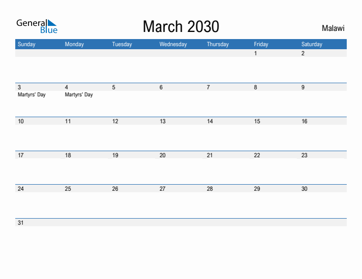 Fillable March 2030 Calendar