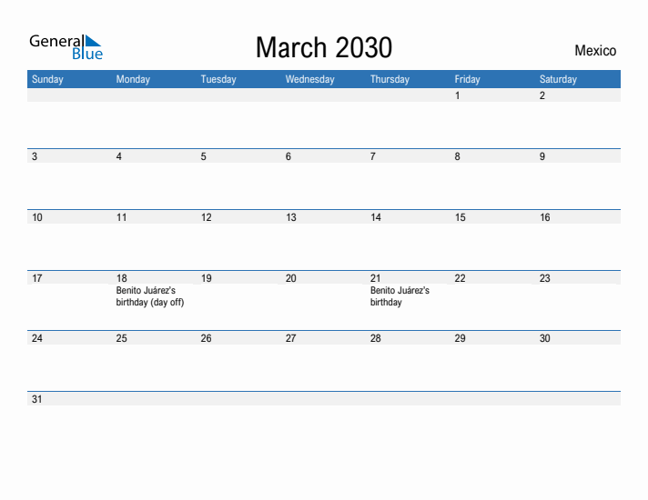 Fillable March 2030 Calendar