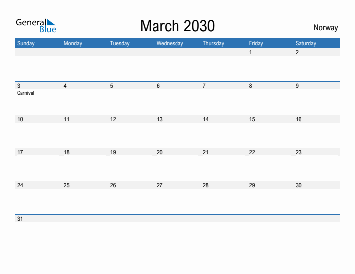 Fillable March 2030 Calendar