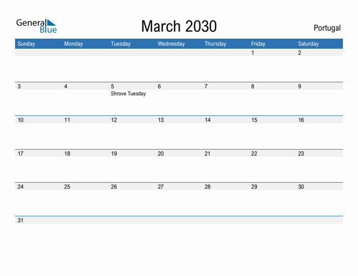 Fillable March 2030 Calendar