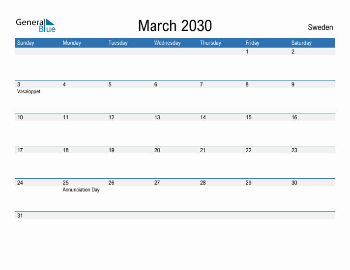 Fillable March 2030 Calendar