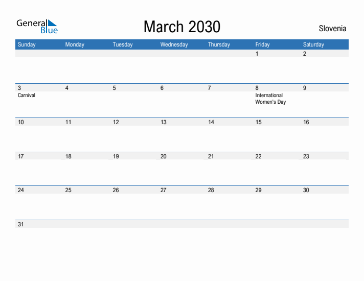 Fillable March 2030 Calendar