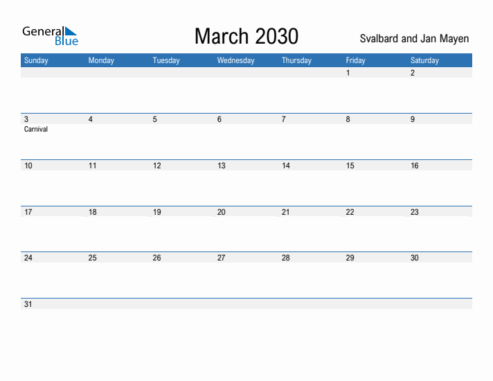 Fillable March 2030 Calendar