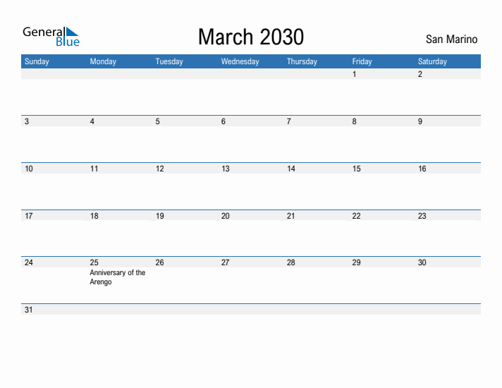 Fillable March 2030 Calendar