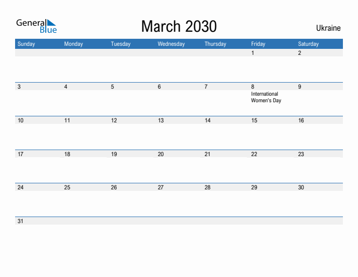 Fillable March 2030 Calendar