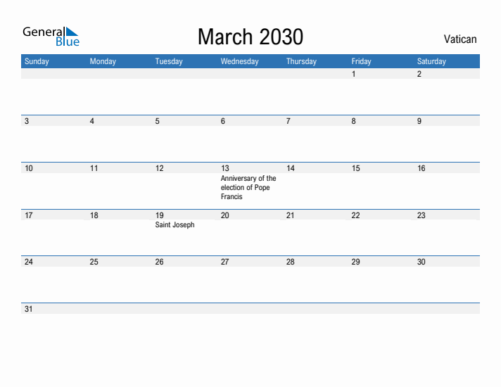 Fillable March 2030 Calendar