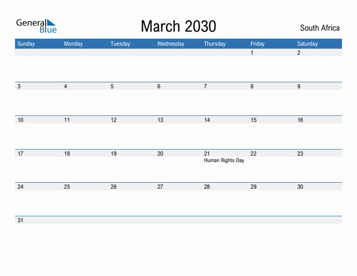 Fillable March 2030 Calendar