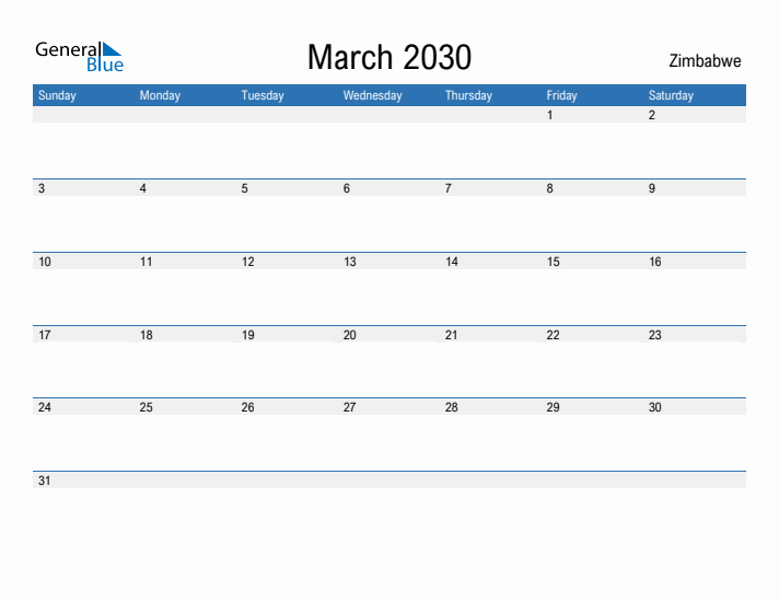 Fillable March 2030 Calendar